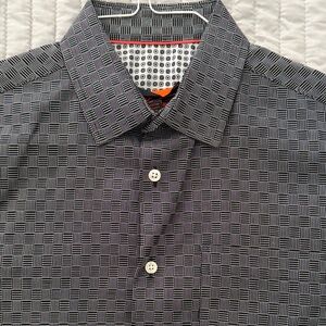 Egara- Men's Black and White Patterned Shirt- Slim Fit Stretch Non-Iron- Medium